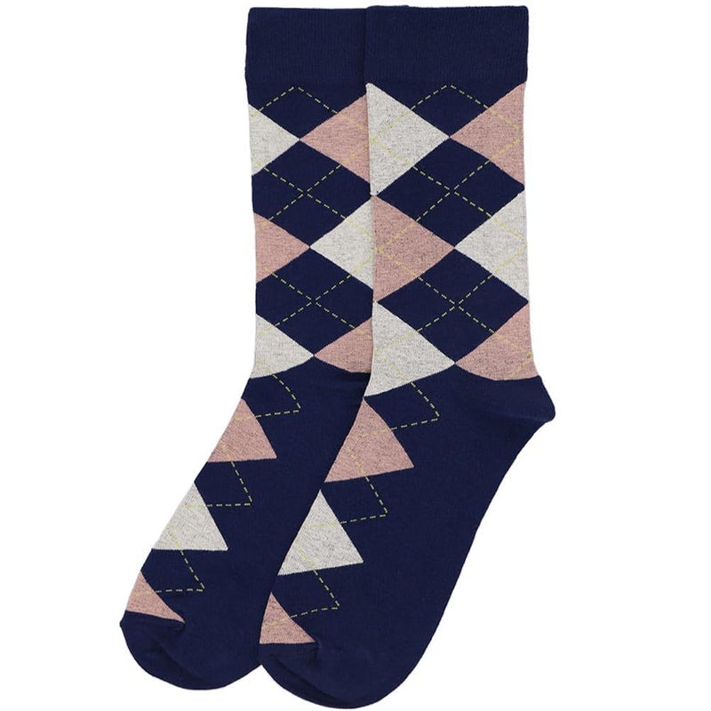 tiemart Men's Socks, One Pair (Navy Blue and Blush Pink Argyle) - Image 5